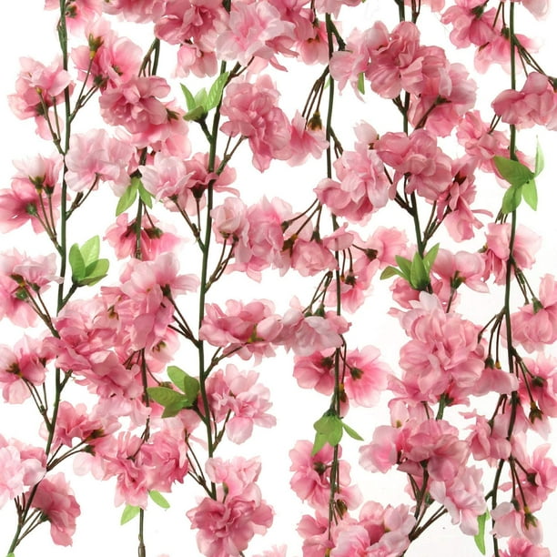 Light Pink & Green Hues Three 30 Inch Cherry Blossom Flowers Larksilk Light Pink Cherry Blossom Branches Japan's National Flower Home & Business Décor Vibrant Green Leaves 